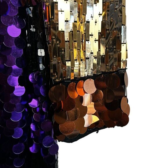 CEDARS VINTAGE SILK SEQUIN PARTY DRESS SIZE 4 Gold Purple Mini Long Sleeve 80s - Picture 8 of 16